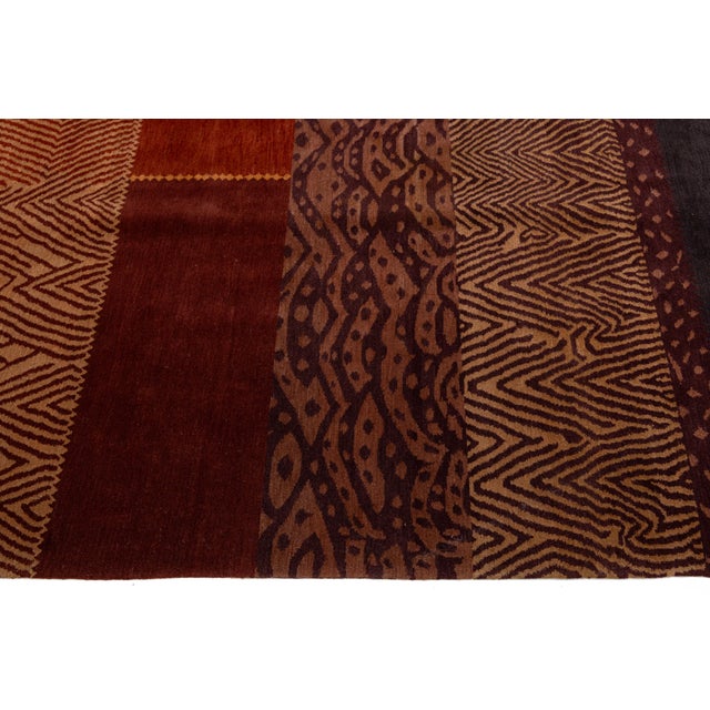 Modern Tibetan Hand-Knotted Wool & Silk Rug With Patchwork Design in Red Tones For Sale - Image 9 of 10