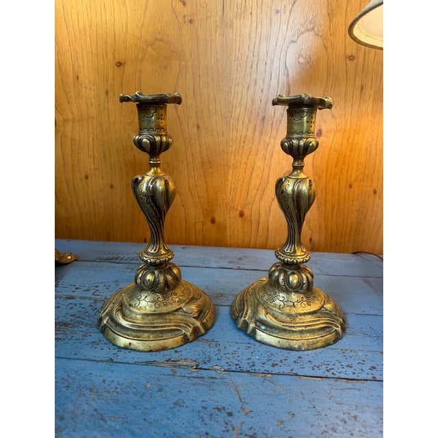 Metal Pair of Swedish 18th Century Brass Candle Sticks With Brass Bobeche's For Sale - Image 7 of 11