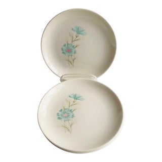 Midcentury Teal Floral Design Bread/Dessert Plates S/4 For Sale