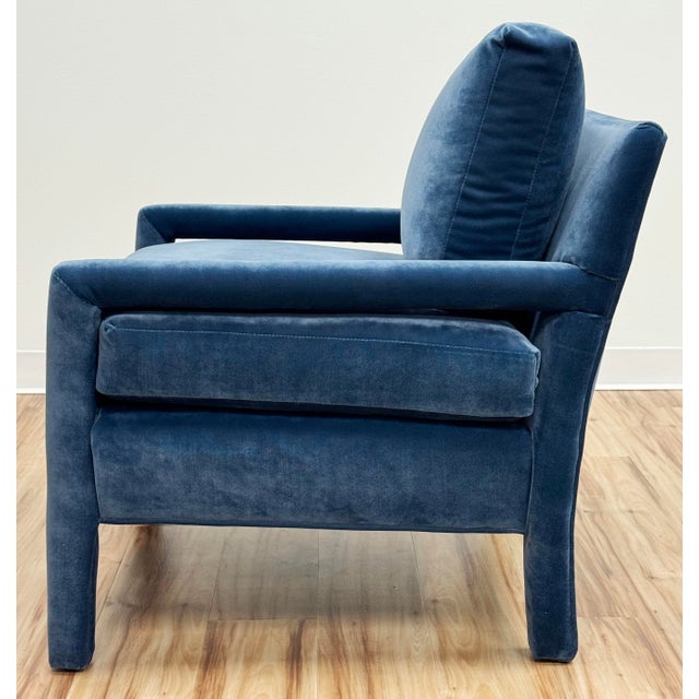 Wood Vintage Newly Upholstered MCM Blue Velvet Parsons Chair For Sale - Image 7 of 11