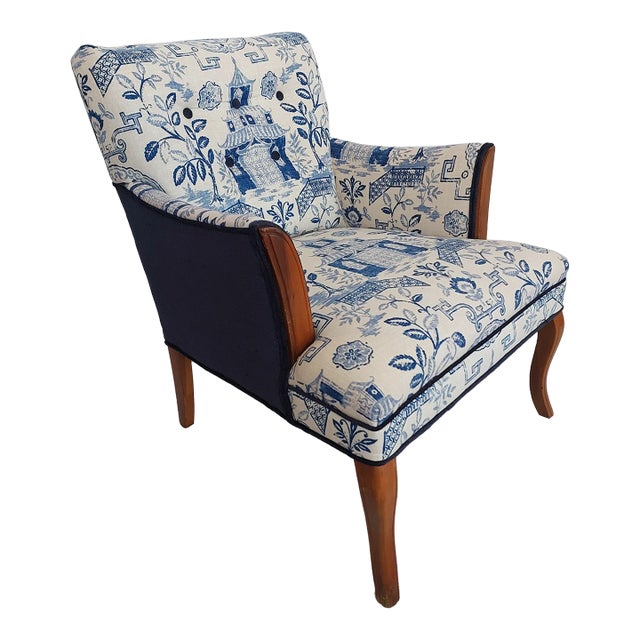 Chinoiserie Linen Toile Armchair Newly Re-Upholstered For Sale