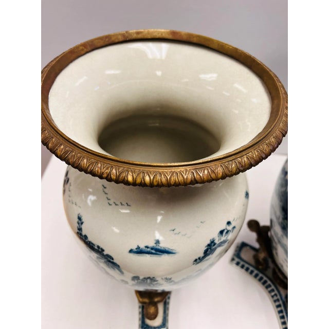 Late 20th Century Pair of Tall Chinoiserie Blue and White Urns With Bronze Figural Mounts For Sale - Image 5 of 8