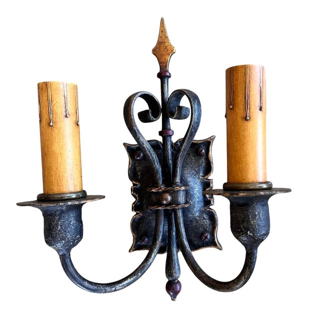 1920s 1920 Mediterranean Inspired Sconces, Iron and Brass With Original Old Paints - a Pair For Sale - Image 5 of 6