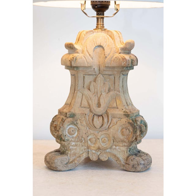 18th-Century French Baroque Carved Wood Altar Candlestick Lamp For Sale - Image 4 of 9
