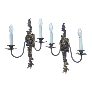 Pair of Antique 19th Century Louis XV Style French Gilt Bronze Two Armed Wall Sconce