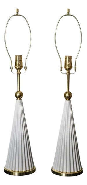 Pair of white conical metal table lamps