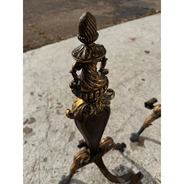 Goldenrod Pair of Early 19th Century Italian Gilt Wrought Iron Acanthus Andirons For Sale - Image 8 of 9