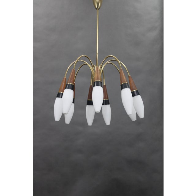 Rupert Nikoll Brass and Teak Opaline Glass Chandelier by Rupert Nikoll, Austria, 1960s For Sale - Image 4 of 8