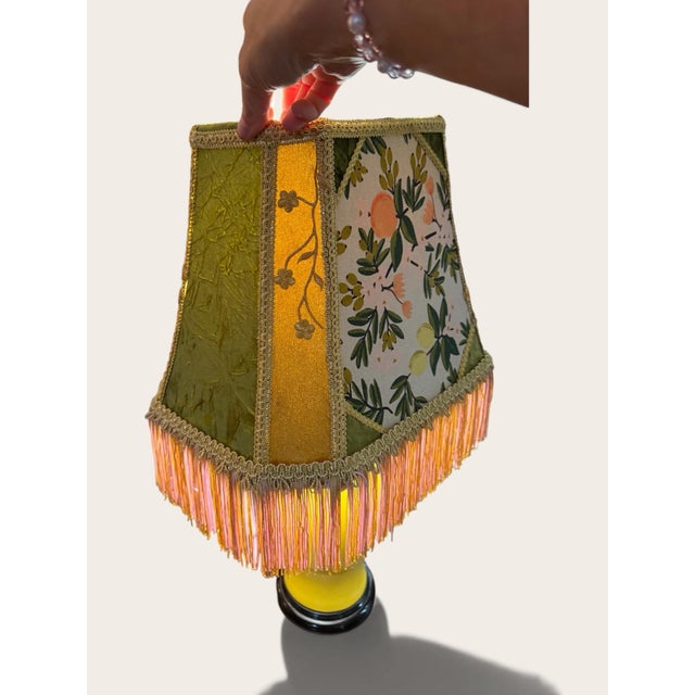 Custom Primavera Botanical Fabric Lampshade With Olive Velvet, Gold Trim & Blush Fringe For Sale - Image 4 of 5