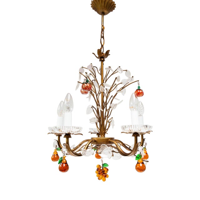 Italian Leaves and Fruit Chandelier in Copper, Metal, and Crystal, 1960s For Sale