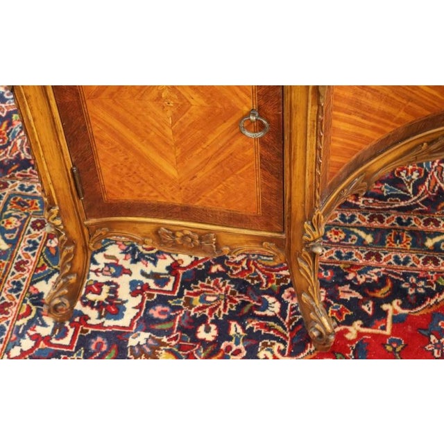 French Louis XV Style Walnut and Satinwood Inlaid Marble Top Vanity Circa 1920's For Sale - Image 13 of 14