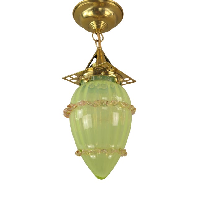 Art Nouveau Viennese Pendant Lamp with Uranium Vaseline Glass Shade, Austria, 1920s For Sale