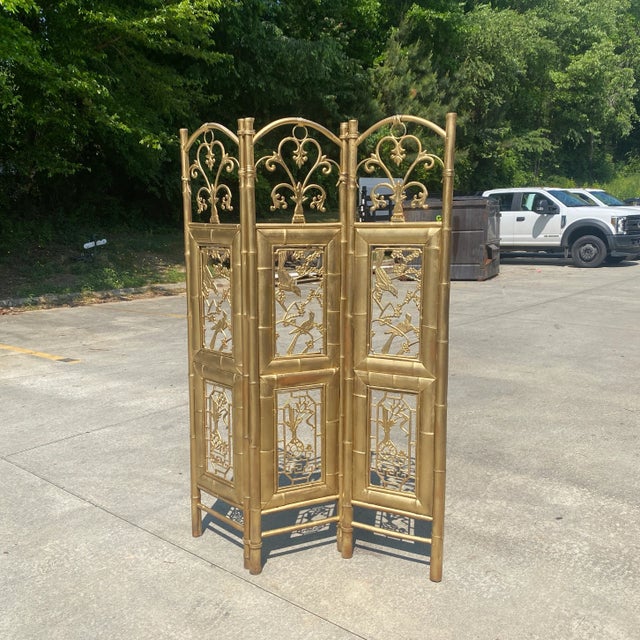 1970s Gold Bamboo Carved Screen Greek Key Bird Motif For Sale - Image 9 of 9