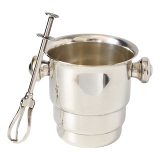 Art Deco Silver-Plated Ice Bucket with Mechanical Tongs, 1930s, Set of 2 For Sale