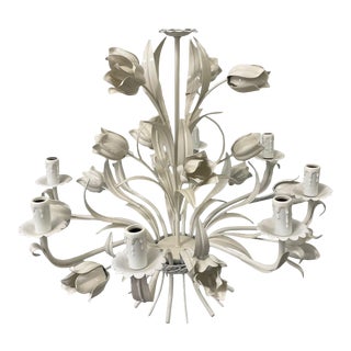 French Style 8 Light White Tole Tulip Flower Bouquet Chandelier For Sale