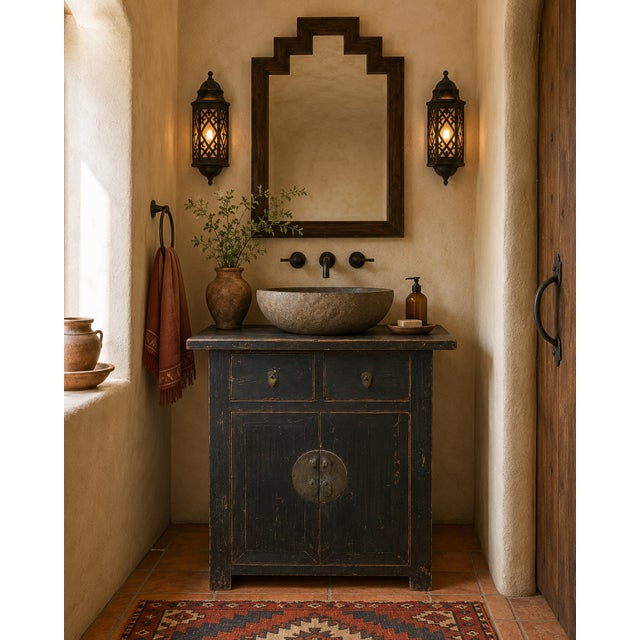 Antique Chinese Painted Elm Hall Cabinet, in its original faded black lacquer finish, 2 drawers over 2 doors with round...