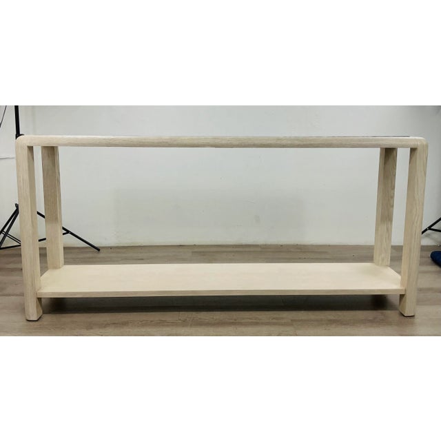 Original retail $2397, stylish Theodore Alexander Organic Modern Wooden Console Table, textured bleached wood frame, gray...