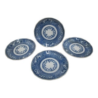 Japanese Blue Imari Arita Bird Butterfly & Flower Porcelain 9 1/2" Plate Set For Sale