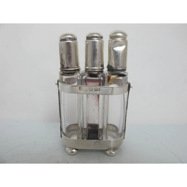 Art Deco Antique 1919 Charles S Green Sterling Silver Glass Scent Bottle Caddy Set For Sale - Image 3 of 8