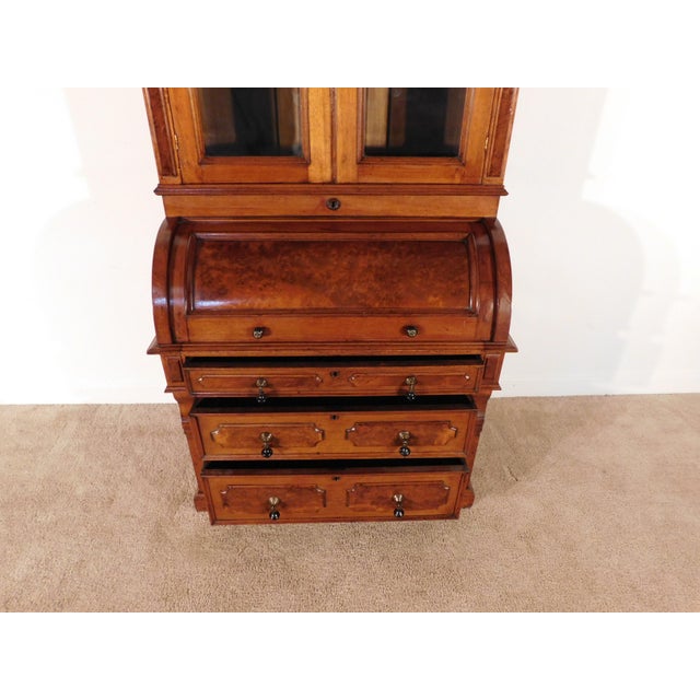 Antique 1880s Victorian Eastlake Burled Walnut Cylinder Secretary Bookcase Desk For Sale - Image 16 of 16