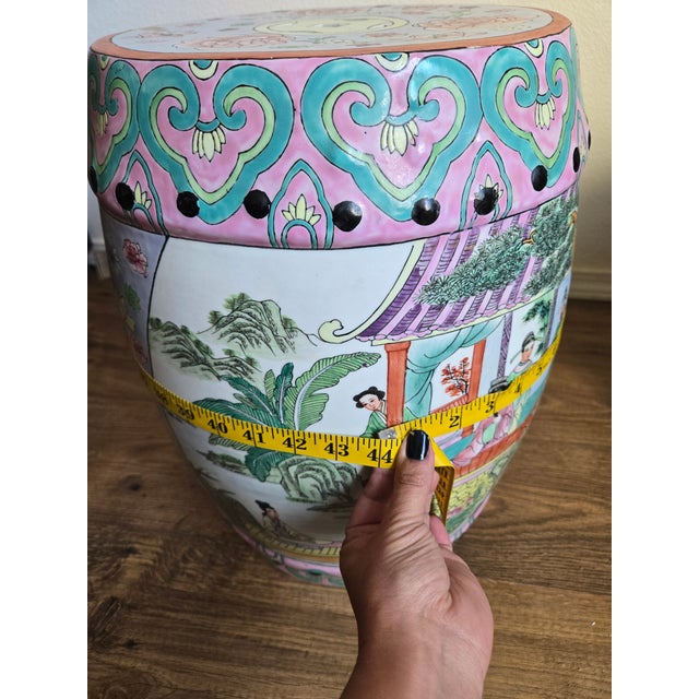1960s Vintage Chinese Hand-Painted Porcelain Garden Stool / Drum Stool With Floral & Figural Motif For Sale - Image 5 of 9