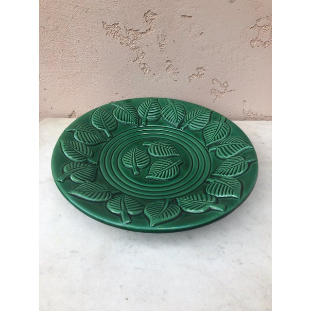 Large Green Majolica Platter or Bowl With Leaves signed B-Letalle Saint Clement Circa 1950.
