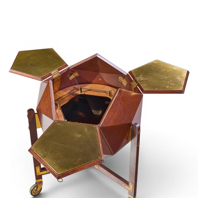 M. Vuillermoz for Dambrine Mid Century French Mahogany and Brass Polyhedron Bar Cabinet For Sale In Chicago - Image 6 of 7