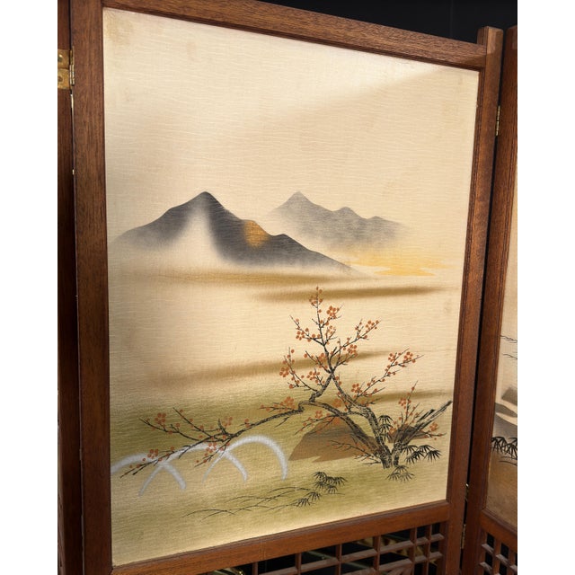 Mid 20th Century Japanese Four-Panel Teak Room Divider Screen With Silk Landscape Panels and Asanoha Fretwork For Sale - Image 5 of 10