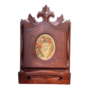 Antique Victorian Walnut Wood Hanging Wall Pocket Good Luck Extendible Holder
