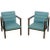 Two architectural open arm lounge chairs in walnut by Dunbar, with green and blue horizontal stripe upholstery.