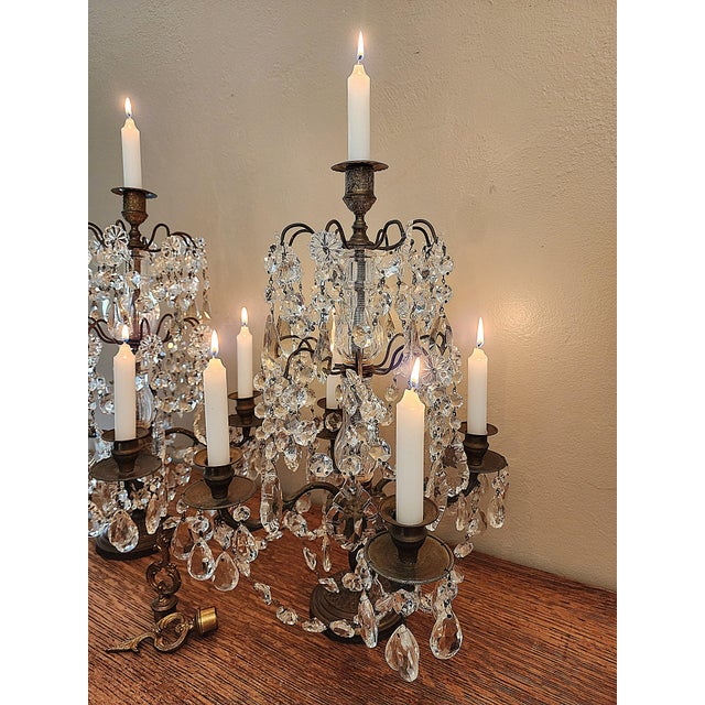 1940s Exquisite Pair of Vintage Crystal Girandole Candelabra 5 Light Mantel Garnitures For Sale - Image 5 of 18
