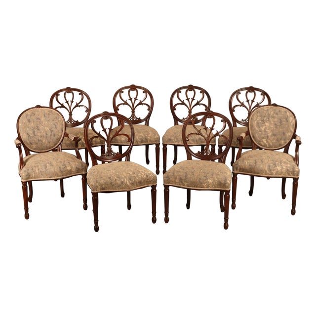 Hepplewhite Inspired Set Of Eight Mahogany Carved Oval Back Dining Chairs For Sale