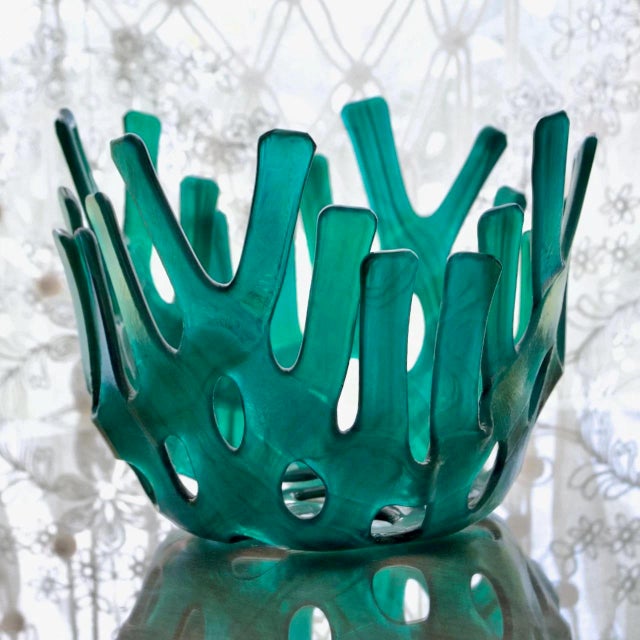 Contemporary Iridescent Blue Green Fused Art Glass Coral Basket Bowl – Sculptural Studio Glass For Sale - Image 3 of 11