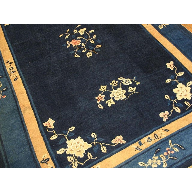 1930s Blue Navy Floral Antique Chinese Peking Rug 6'4" X 8'8" Handknotted Wool Carpet For Sale - Image 4 of 5