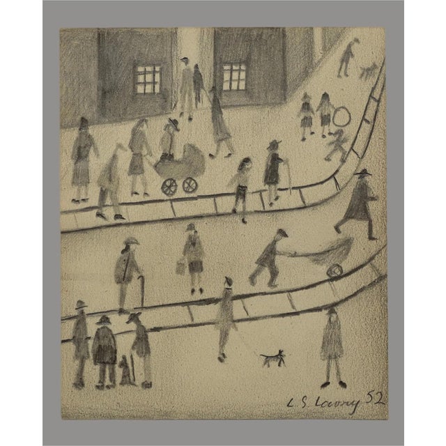 This is a pencil drawing titled Street Scene by British artist L.S. Lowry, dated 1952. The drawing features his...