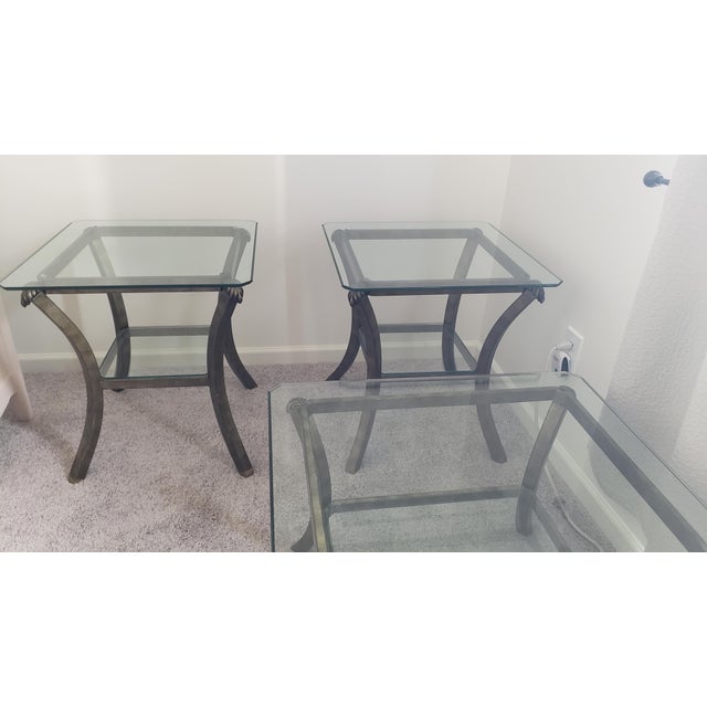 Ebony 1980s Fortunoff Glass & Bronze End Tables & Coffee Table, Atrributed For Sale - Image 8 of 11