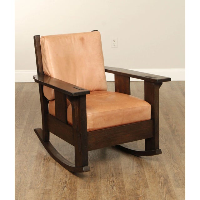 High Quality Early 20th Century Arts And Crafts Period Solid Oak Frame Rocker with Leather Upholstered Cushions, By Oakcraft