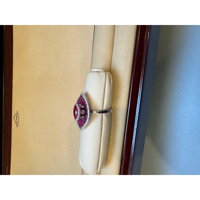 2.5 Ct Natural Marquis Ruby & 1 Ct Dancing Diamond 18 Kt White Gold Ring Size 6 For Sale - Image 9 of 18