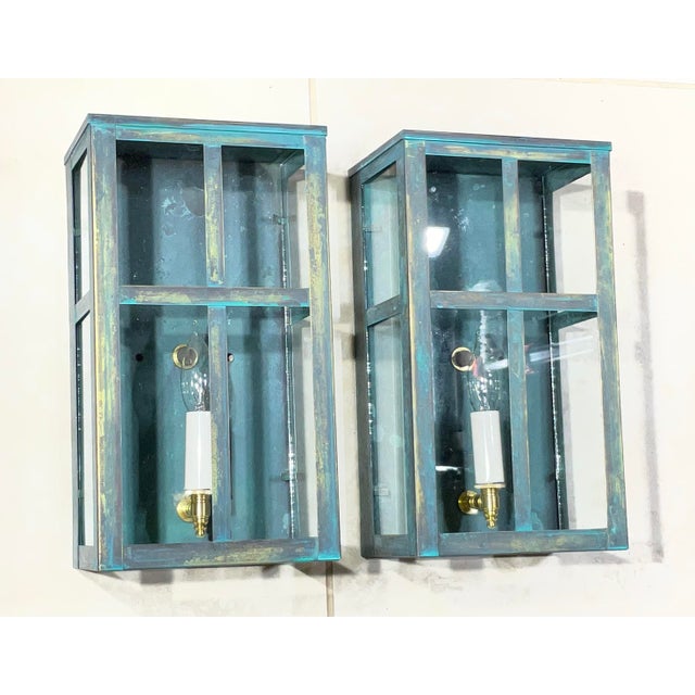 Exquisite Vintage Verdigris Brass Wall Lanterns / Sconces – Pair For Sale - Image 9 of 17