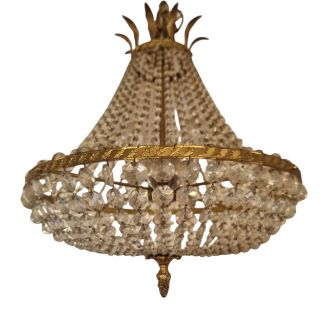 Large Antique Empire Gilt Brass Chandelier with Crystal Beads and Pineapple Finial, France, 1880-1920 For Sale