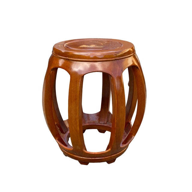 2010s Chinese Golden Brown Mother of Peal Inlay Birds Round Barrel Stool For Sale - Image 5 of 5