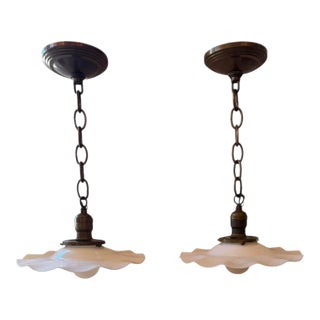 1920s Pair of Vintage Wavy Milkglass Pendant Light Fixtures For Sale