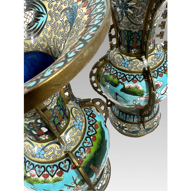 Chinese Jingfa Blue White 'Dragon Back' Cloisonne Beaker Form Vases With Auspicious Cranes & Lotus - A Pair on Wood Stands For Sale - Image 10 of 12