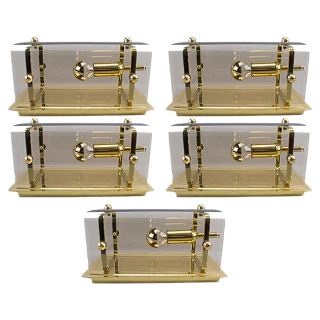 German Brass and Smoked Glass Sconces, 1960s, Set of 5 For Sale