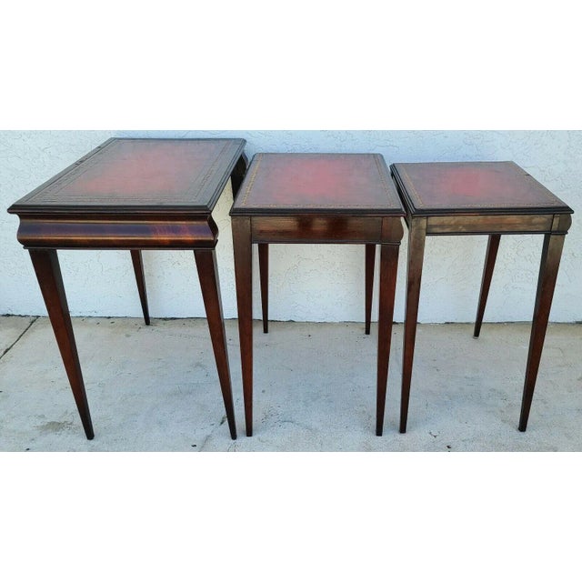 Mid 20th Century Mid Century Tooled Red Leather Mahogany Nesting Tables For Sale - Image 5 of 13