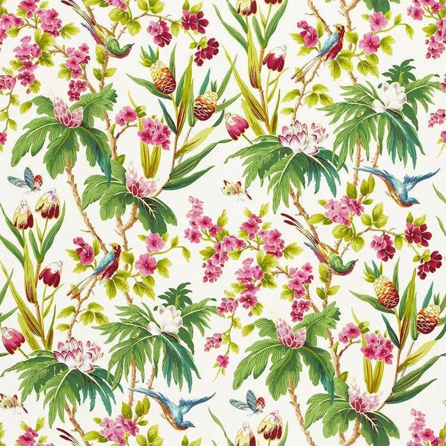 Based on a document print, this detailed pattern has extraordinary beauty and depth, with brightly plumed birds and lush...