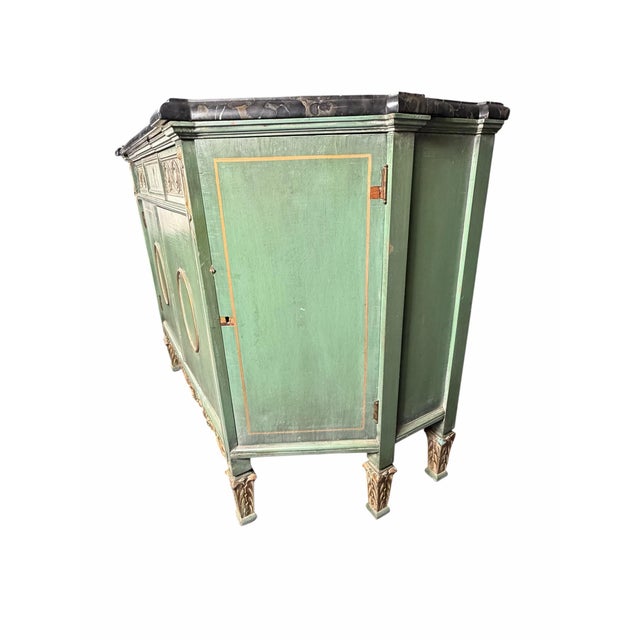 Neoclassical Vintage Neoclassical Green & Gold Painted Sideboard / Buffet With Black Marble Top For Sale - Image 3 of 12