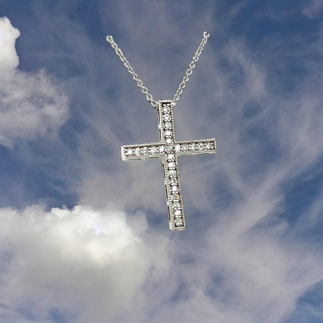 Metal Natural Diamond Cross Pendant with Chain 17" 14k W Gold 0.25 CT Certified For Sale - Image 7 of 14