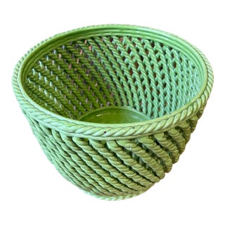 Vintage Green Basket Weave Ceramic Planter For Sale