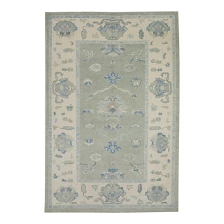 Turkish Oushak Rug – Green & Blue Handwoven Floral Wool, 5'11" X 8'8", Early 21st Century For Sale